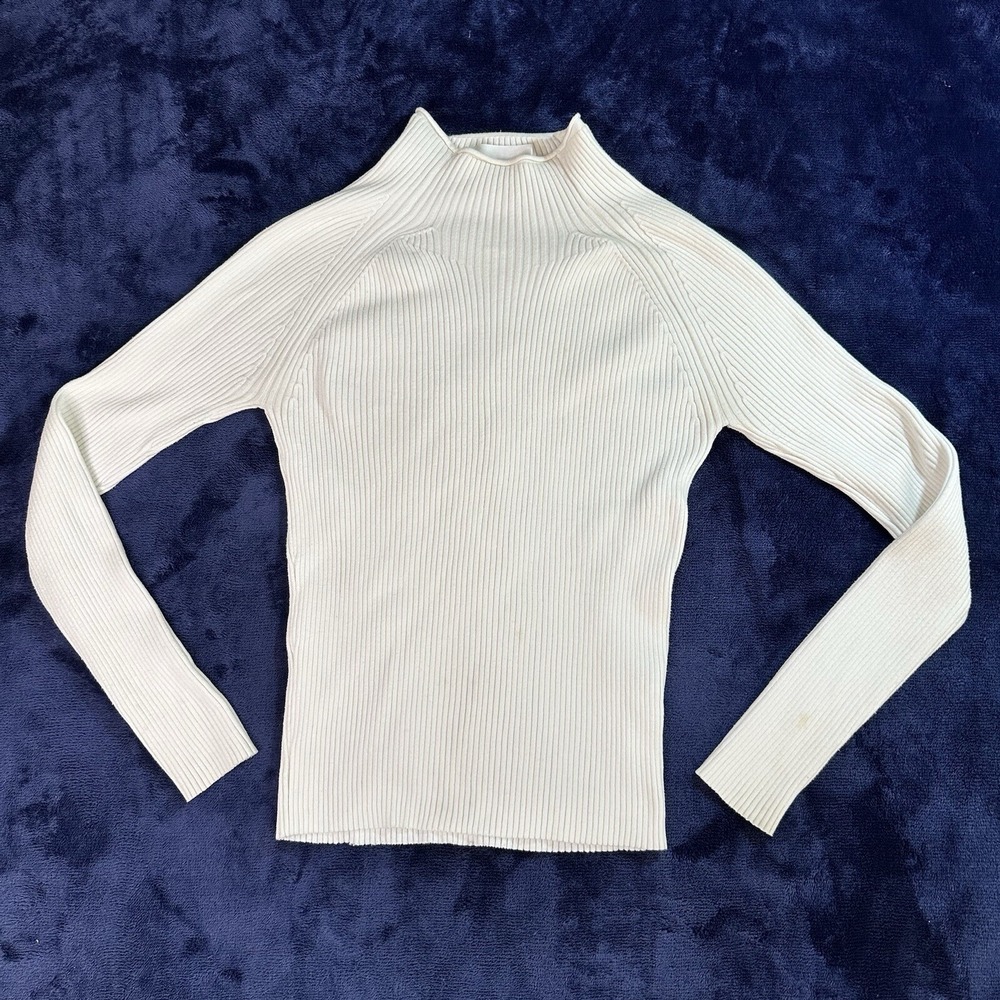 Won Hundred Women S White Ribbed‎ Knit Long Sleeve Blouse Top High Neck Fitted